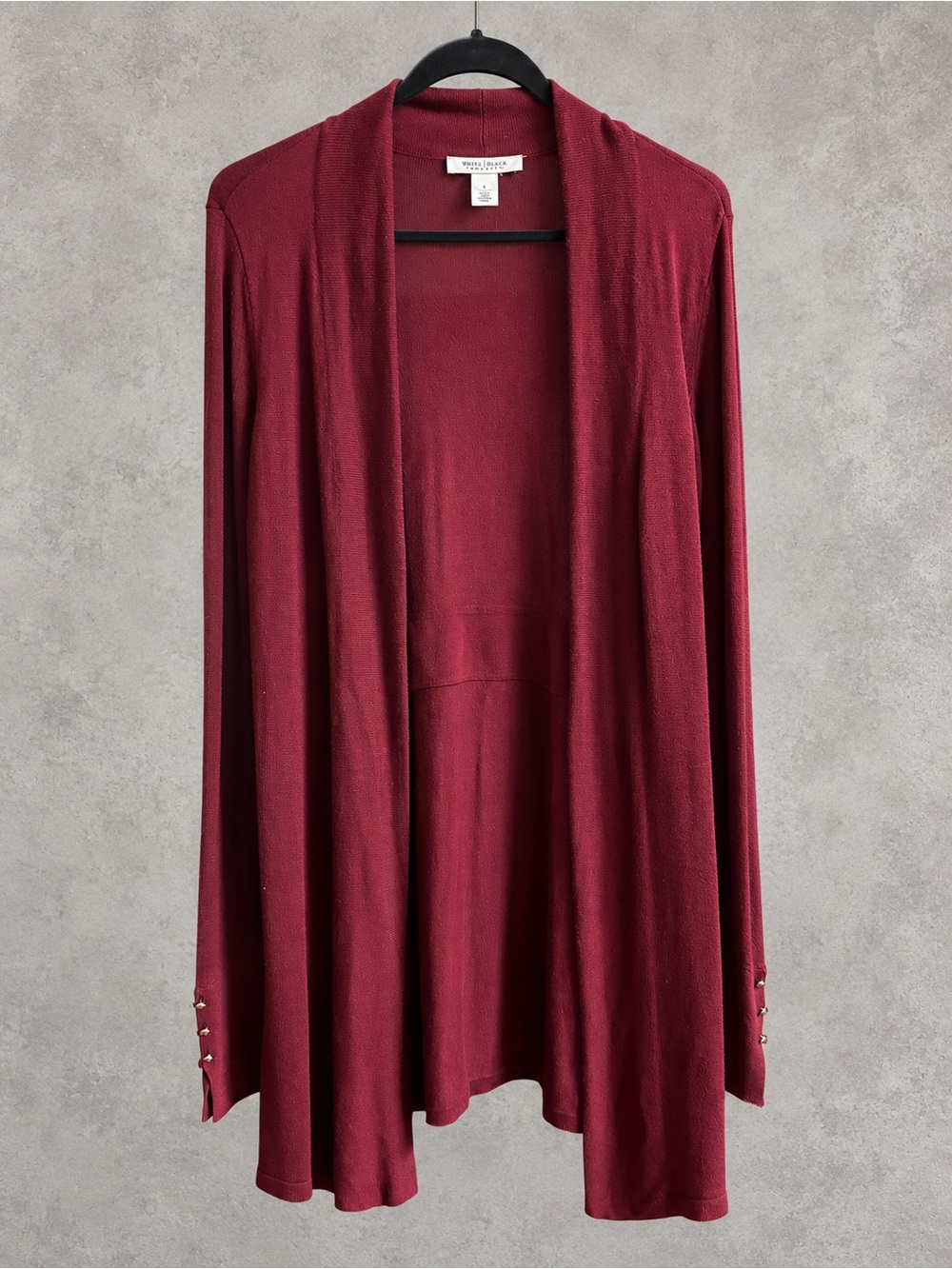 White House Black Market Burgundy Long Cardigan Small Gold Cuff Detail